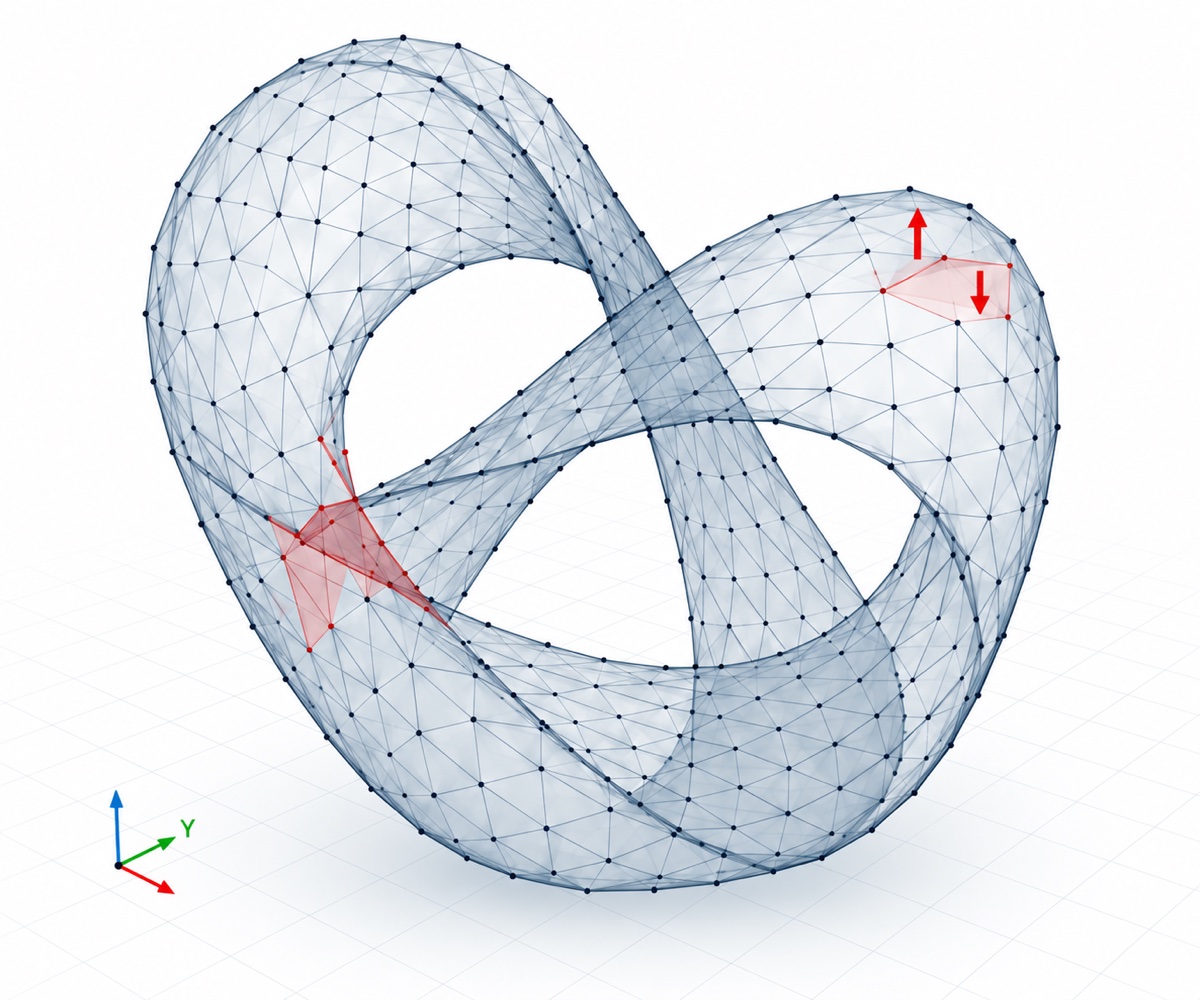 Sample digital knot with translucent triangular mesh, wireframe edges and highlighted example defects