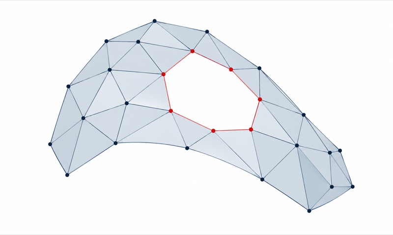 Triangular surface with a missing patch and an open boundary highlighted in red
